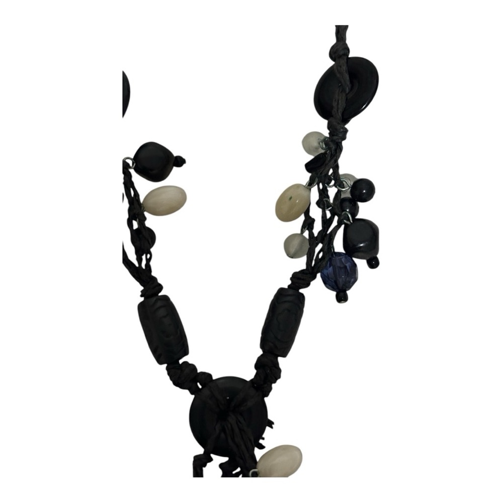 Button and Bead Necklace with Black Chord Black/White Women - Picture 4 of 8